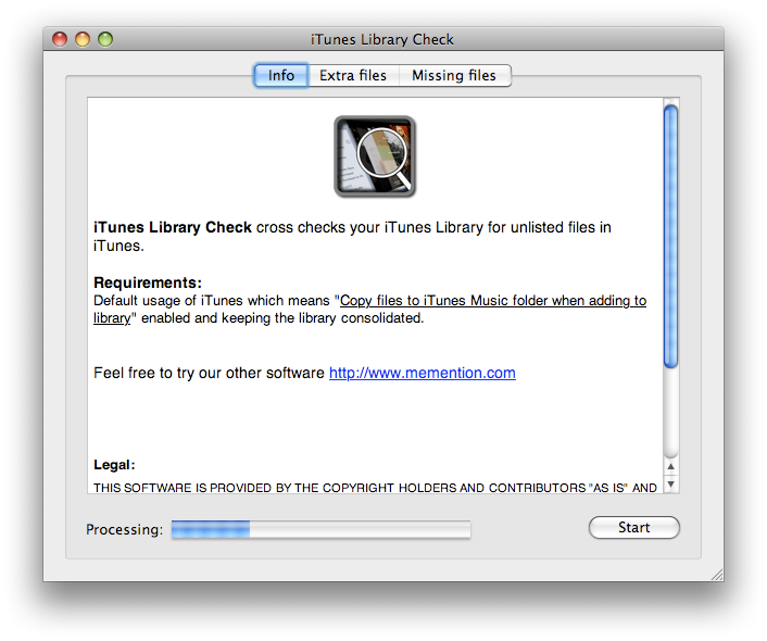iTunes Library Check main view showing Extra files and Missing files tabs
